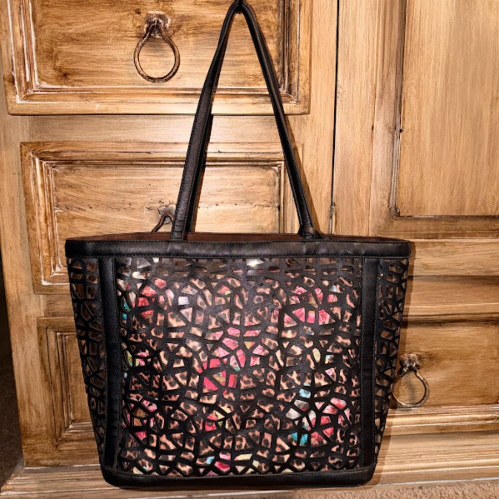 GUC~ 2/1 Laser Cut Out Black Shopper & Leopard Cross Body Bag-Purse-Tote (Bin 9)